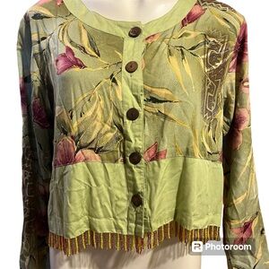 Vintage green with pink floral “cardigan” blouse with dangling beads